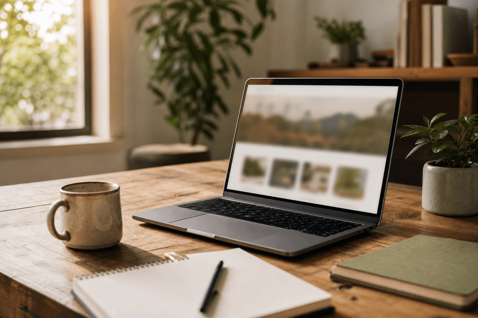 Warm workspace with a laptop, notebook, coffee cup, and plants